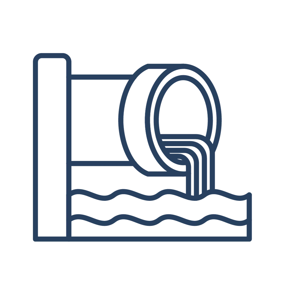 Illustration of a sewer pipe discharging water, representing trenchless pipe lining technology and efficient plumbing solutions by Pipeliners USA.