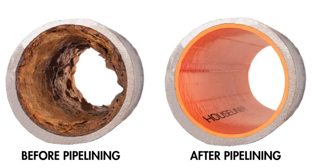 Before and after trenchless drain CIPP Pipelining