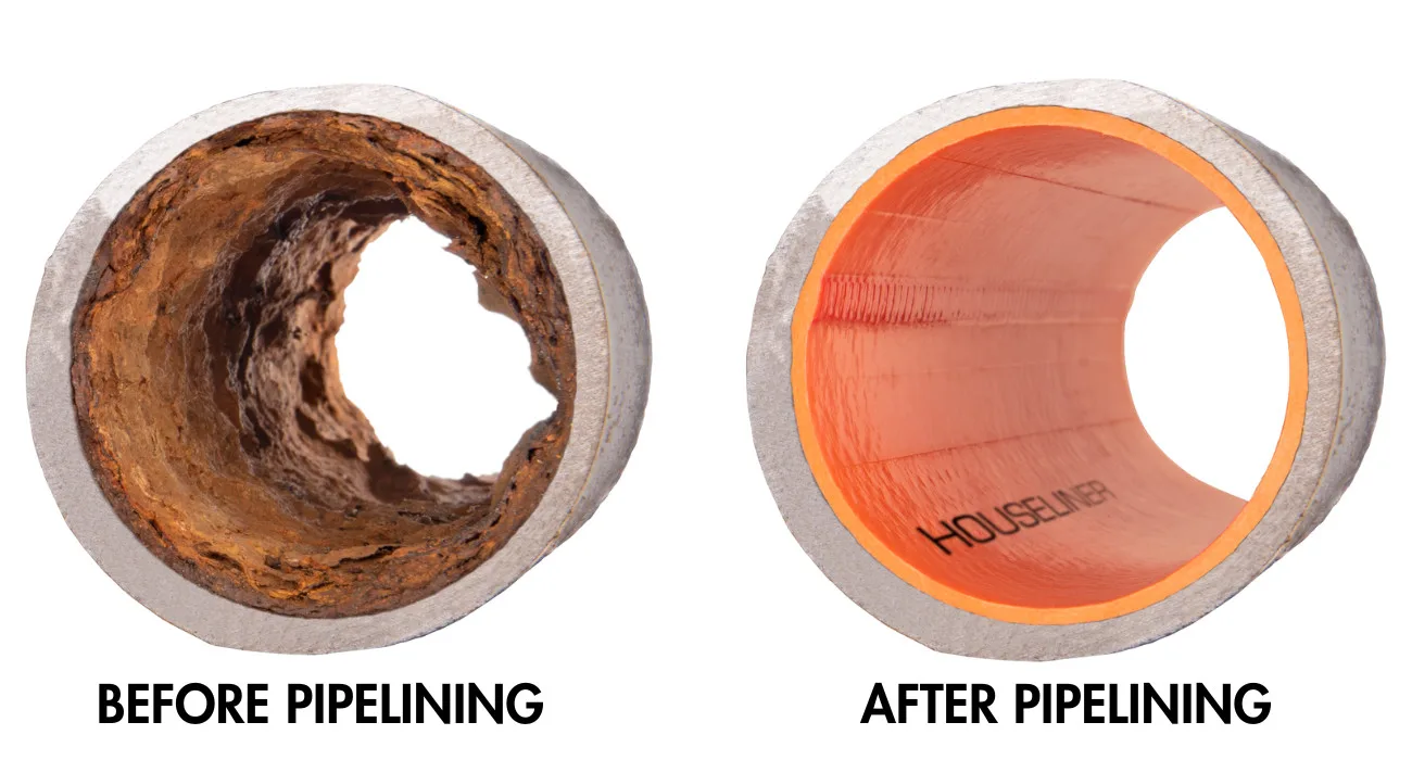 Before and after comparison of sewer pipe lining, showcasing a damaged pipe on the left and a newly lined pipe on the right, emphasizing trenchless technology benefits.