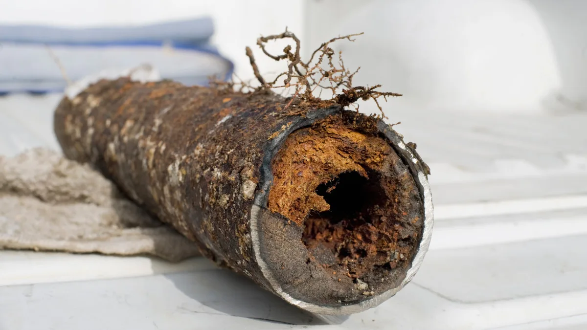 Clogged drainage pipe with visible rust and root intrusion, illustrating common plumbing issues addressed by trenchless pipe lining services at Pipeliners USA.