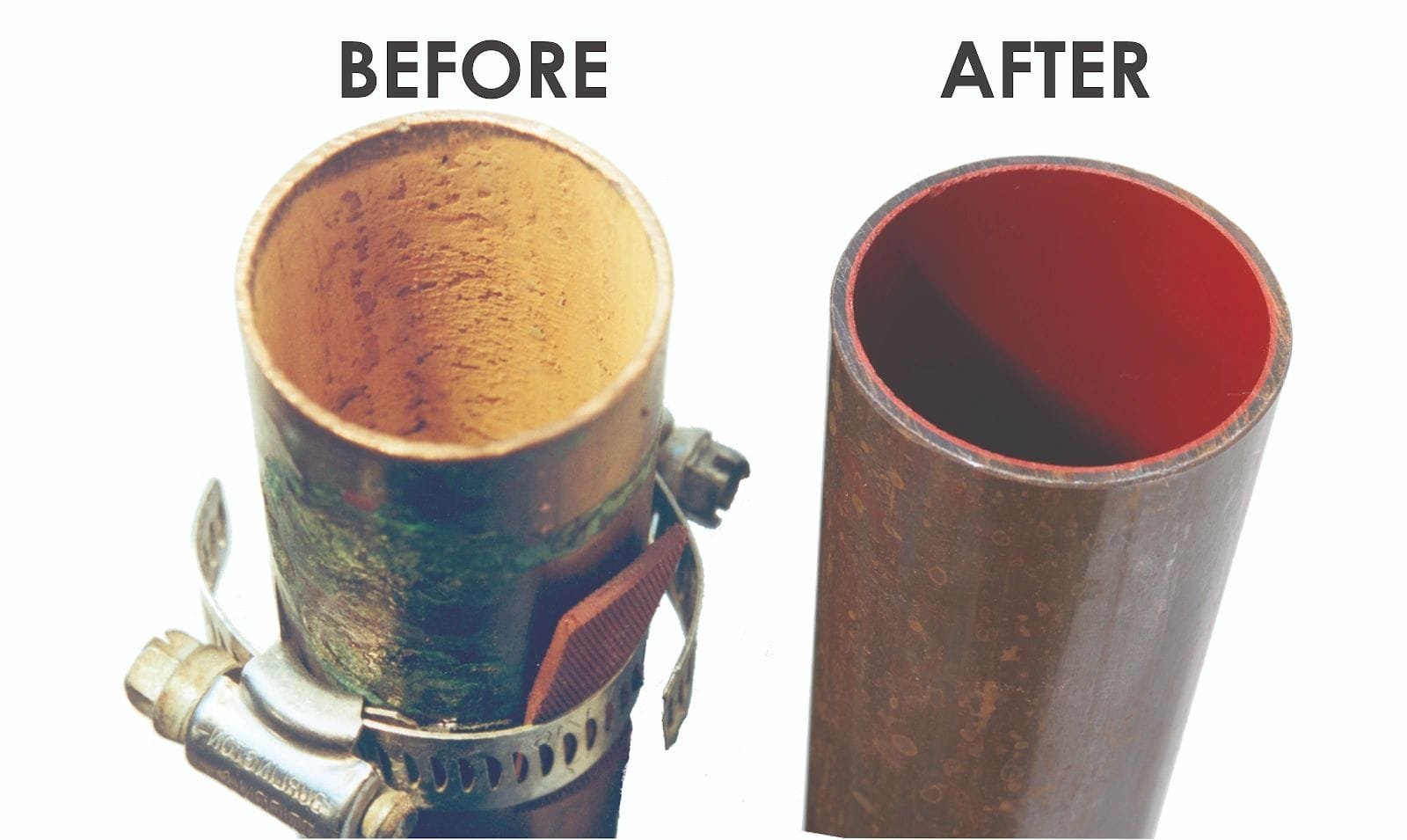 Copper water pipe with mineral buildup inside, next to a pipe after ePIPE epoxy coating