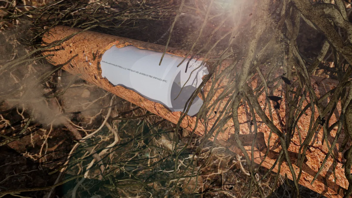 Fallen tree trunk with partially visible paper, surrounded by twisted roots in a natural setting, related to Pipeliners USA.