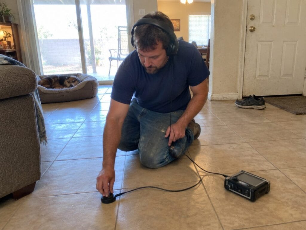 Technician listening through headphones with an acoustic sensor on a tile floor to locate a slab leak in a Phoenix home
