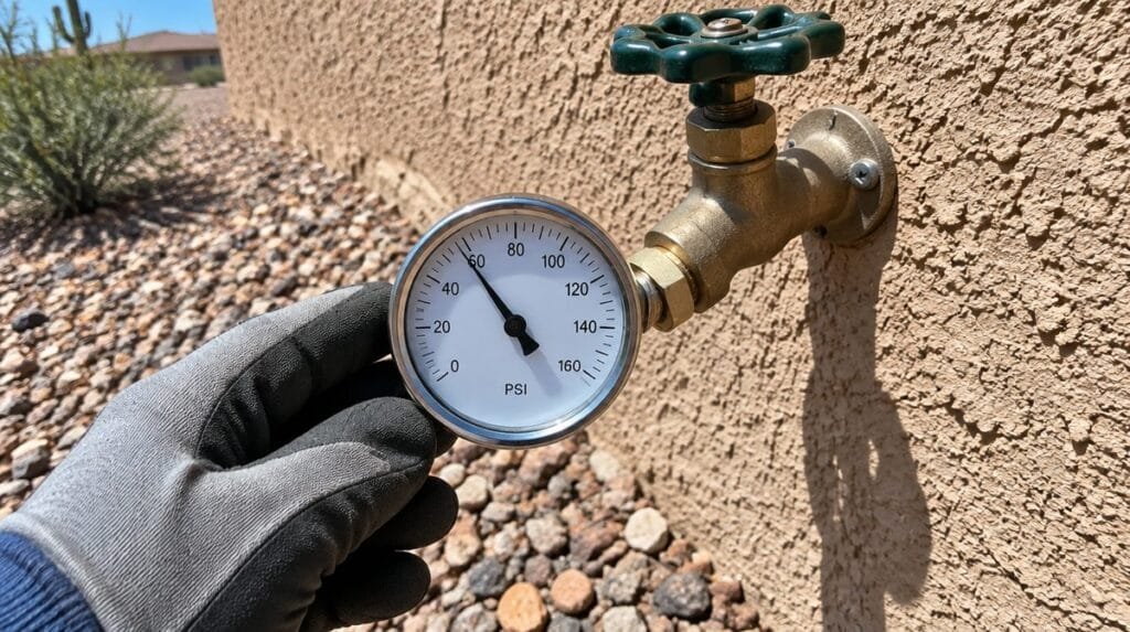Pressure test gauge threaded onto an outdoor hose bib on a stucco wall to check a home water system for leaks