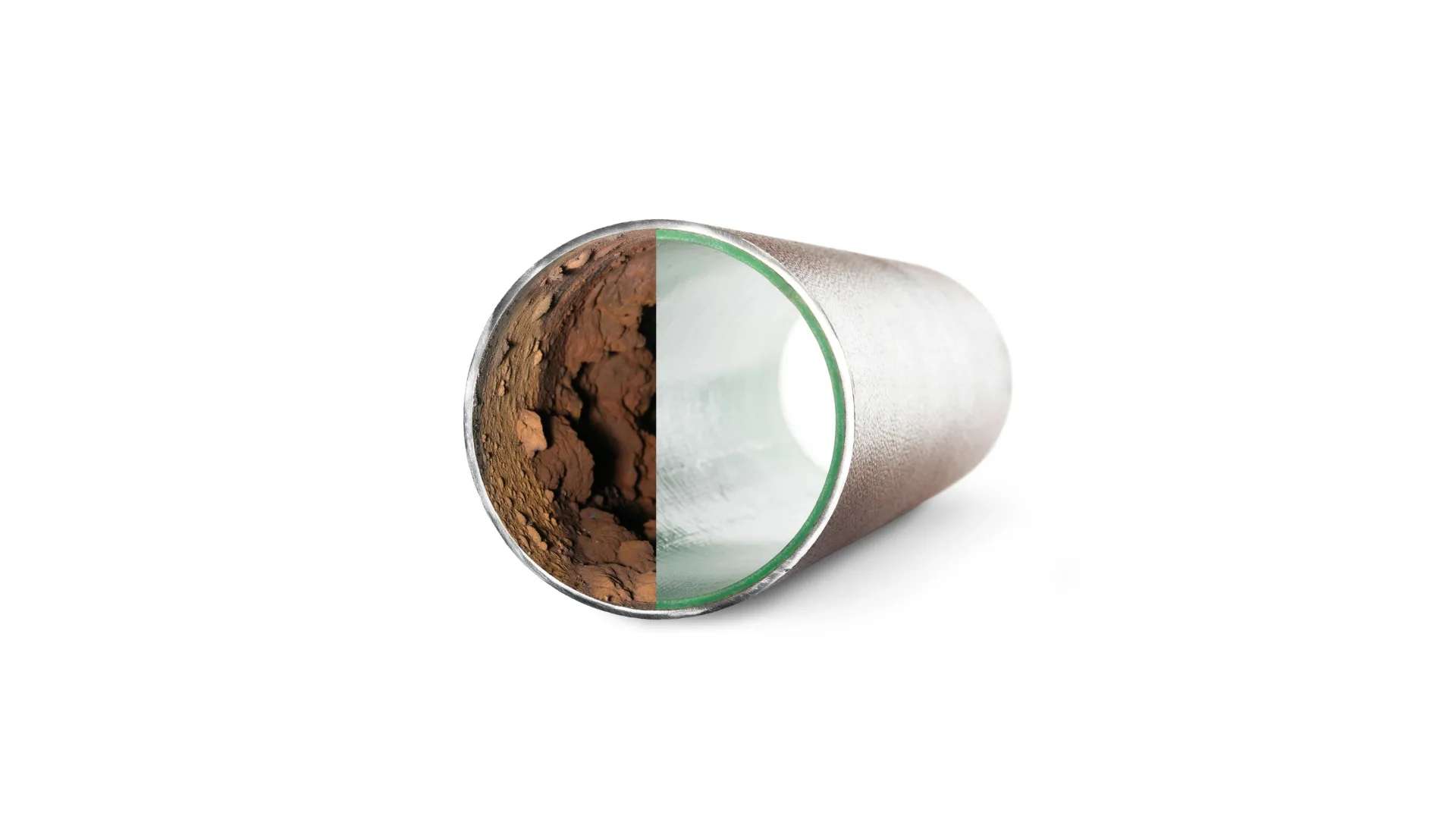 Cylindrical pipe container showing soil and smooth surface, representing Pipeliners USA's trenchless pipe repair services.