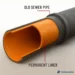 CIPP Permament Pipelining Inside of old sewer pipe, orange permanent liner