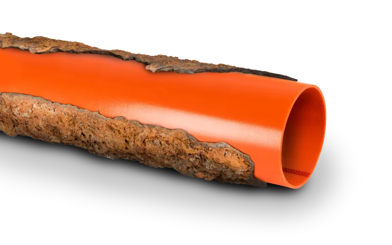 Old damaged pipe restored with a smooth orange trenchless pipe liner.