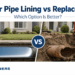 Comparison graphic showing sewer pipe lining versus traditional sewer pipe replacement with excavation.