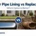 Comparison graphic showing sewer pipe lining versus traditional sewer pipe replacement with excavation.