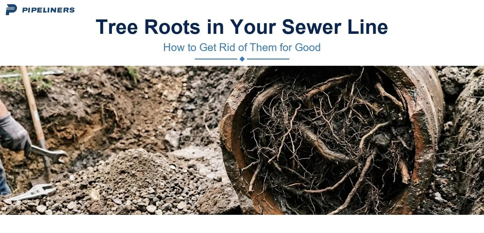 Tree roots infiltrating a damaged sewer pipe, illustrating a common cause of sewer line backups and Pipeliners USA's trenchless repair solutions in Mesa, AZ.