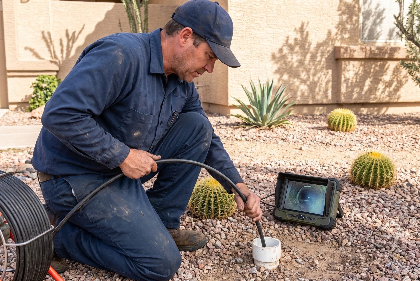 Technician performing a sewer camera inspection in a residential area