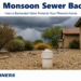 Sewer cleanout outside a Phoenix home under dark monsoon storm clouds