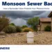 Sewer cleanout outside a Phoenix home under dark monsoon storm clouds