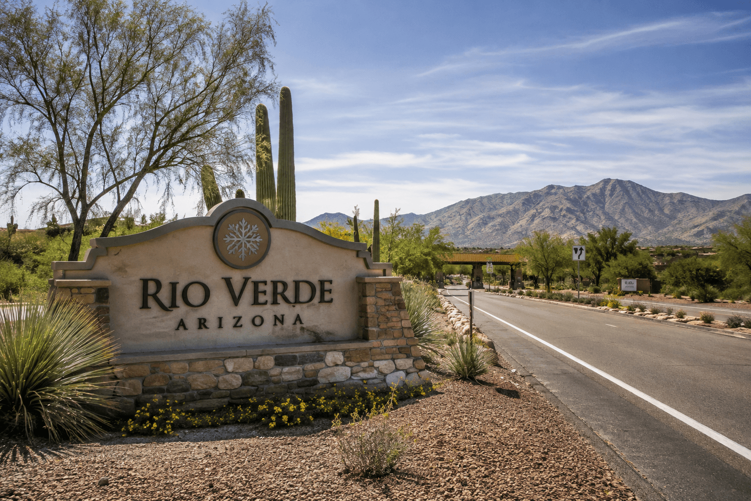 Rio Verde, Arizona entrance with desert landscaping, saguaro cacti, roadway, and mountain views.