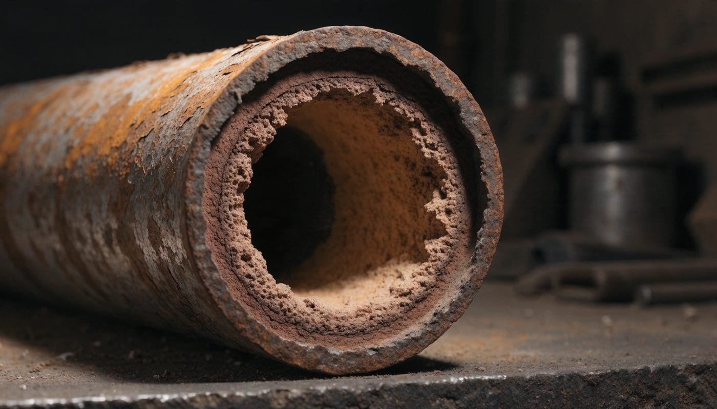 Heavy scale inside a cast iron pipe, the buildup that descaling removes