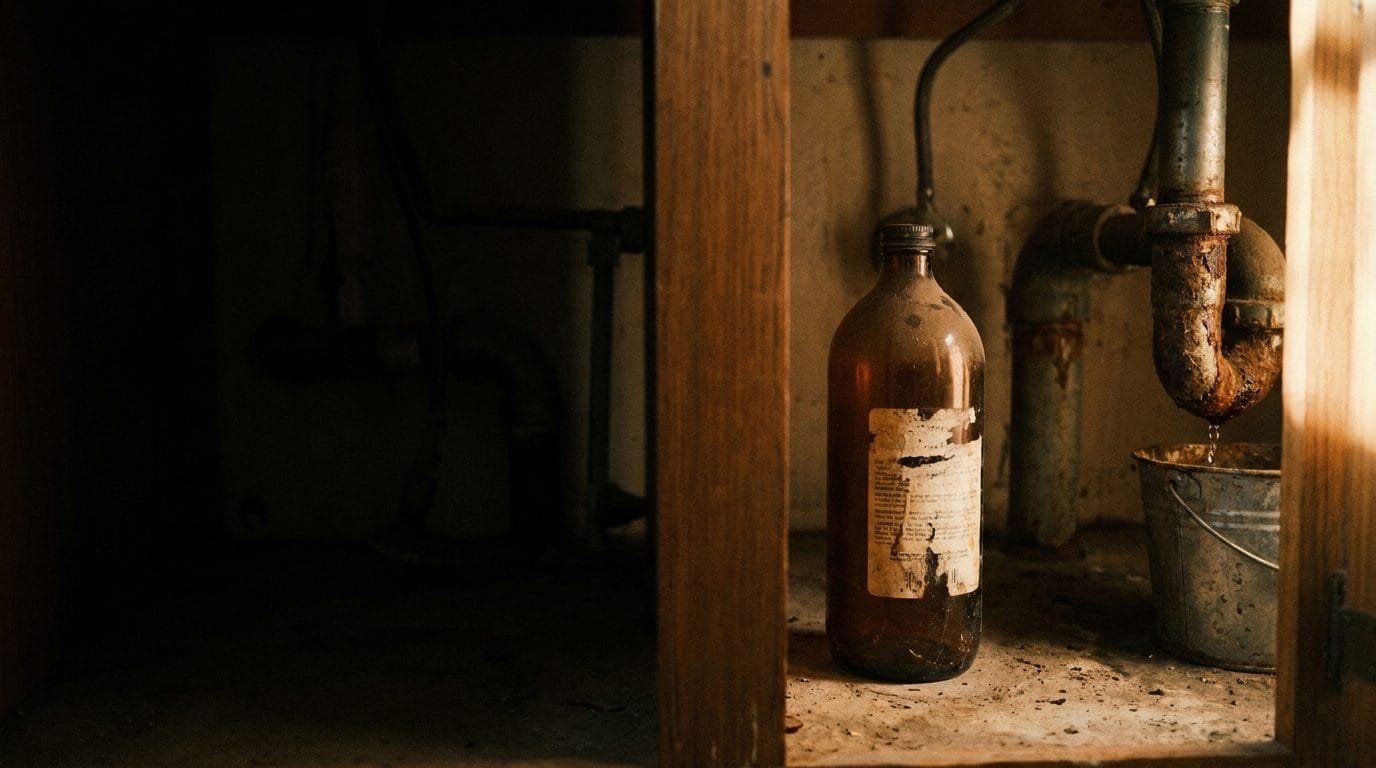 Chemical drain cleaner beside a corroded pipe, a DIY shortcut that damages plumbing
