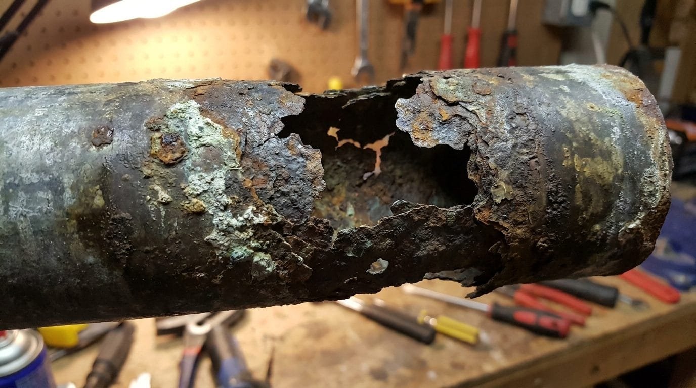Rust inside a corroded galvanized pipe, a common cause of discoloured tap water