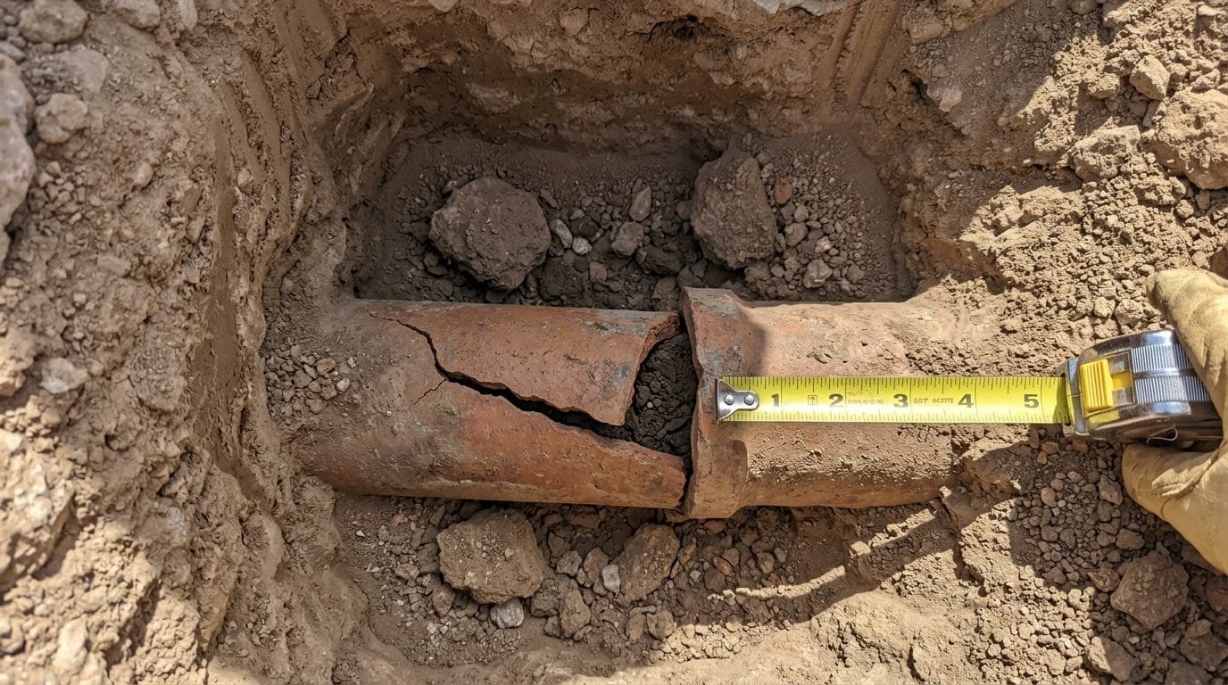 Cracked clay sewer pipe with a separated joint, one of the most common sewer failures