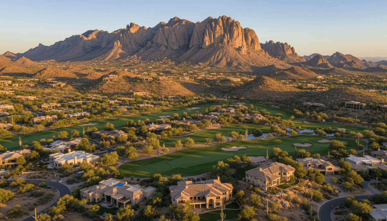Aerial view of Gold Canyon, Arizona showing residential neighborhoods and surrounding desert.