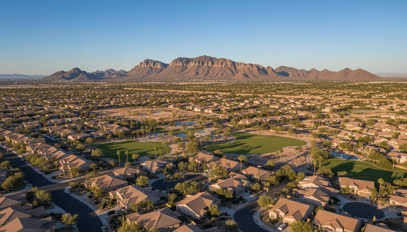Aerial view of Goodyear, Arizona showing residential neighborhoods and surrounding desert.