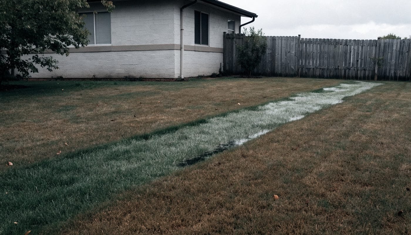 A soggy, unusually green strip of ground tracing a leaking underground pipe