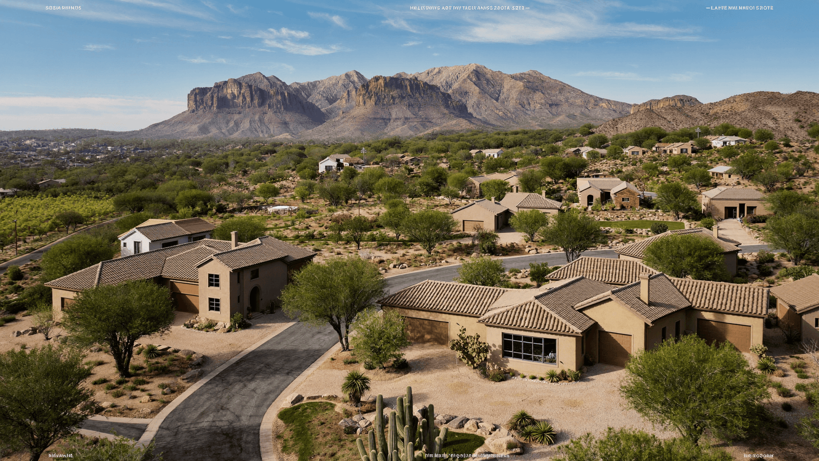 Aerial view of a residential neighborhood in Cave Creek, Arizona, surrounded by Sonoran Desert scenery and mountain terrain.