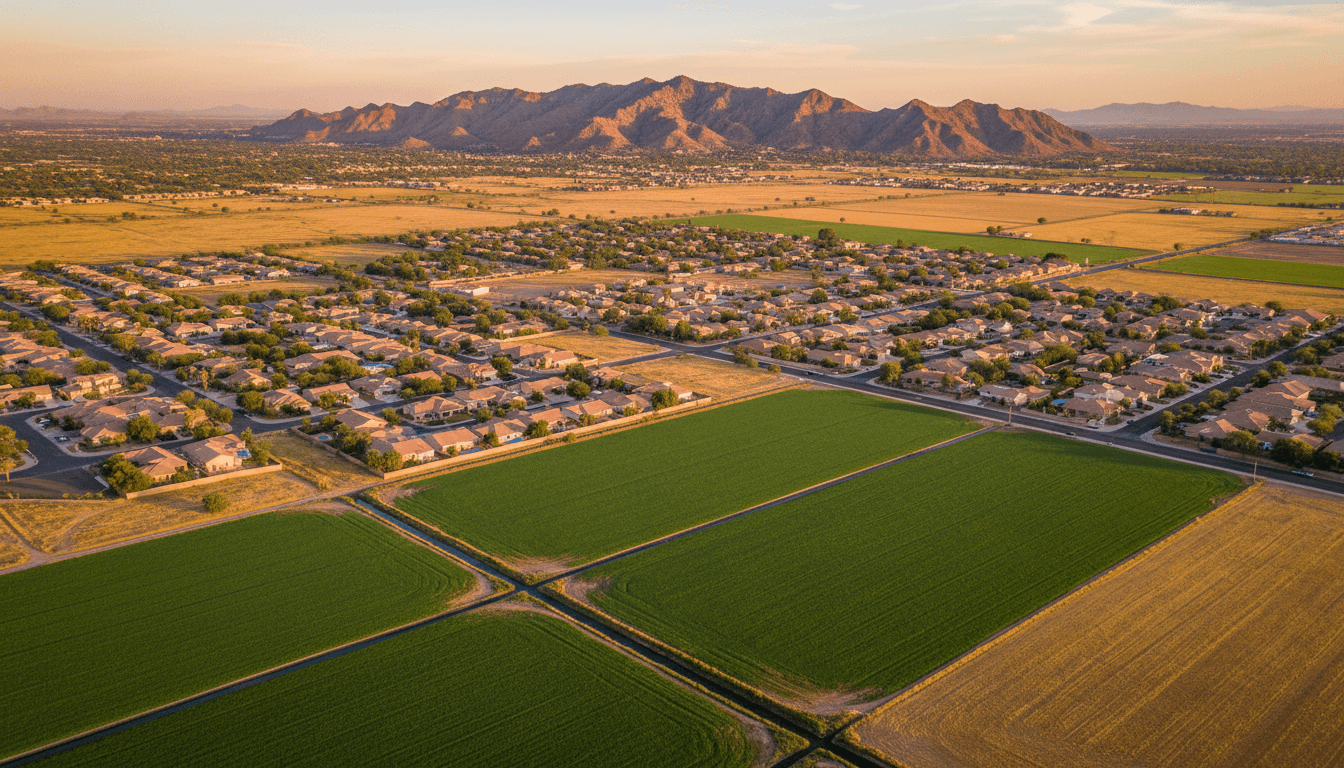 Aerial view of Laveen, Arizona showing residential neighborhoods and surrounding desert.