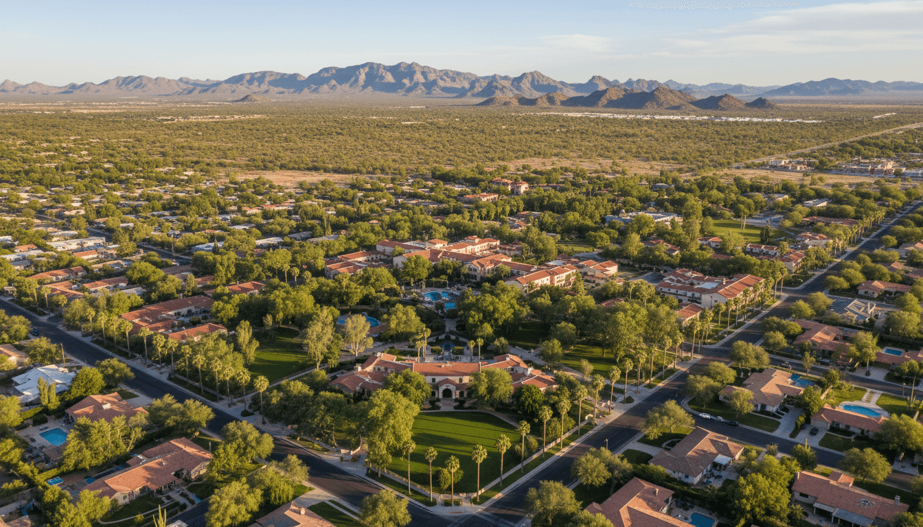 Aerial view of Litchfield Park, Arizona showing residential neighborhoods and surrounding desert.