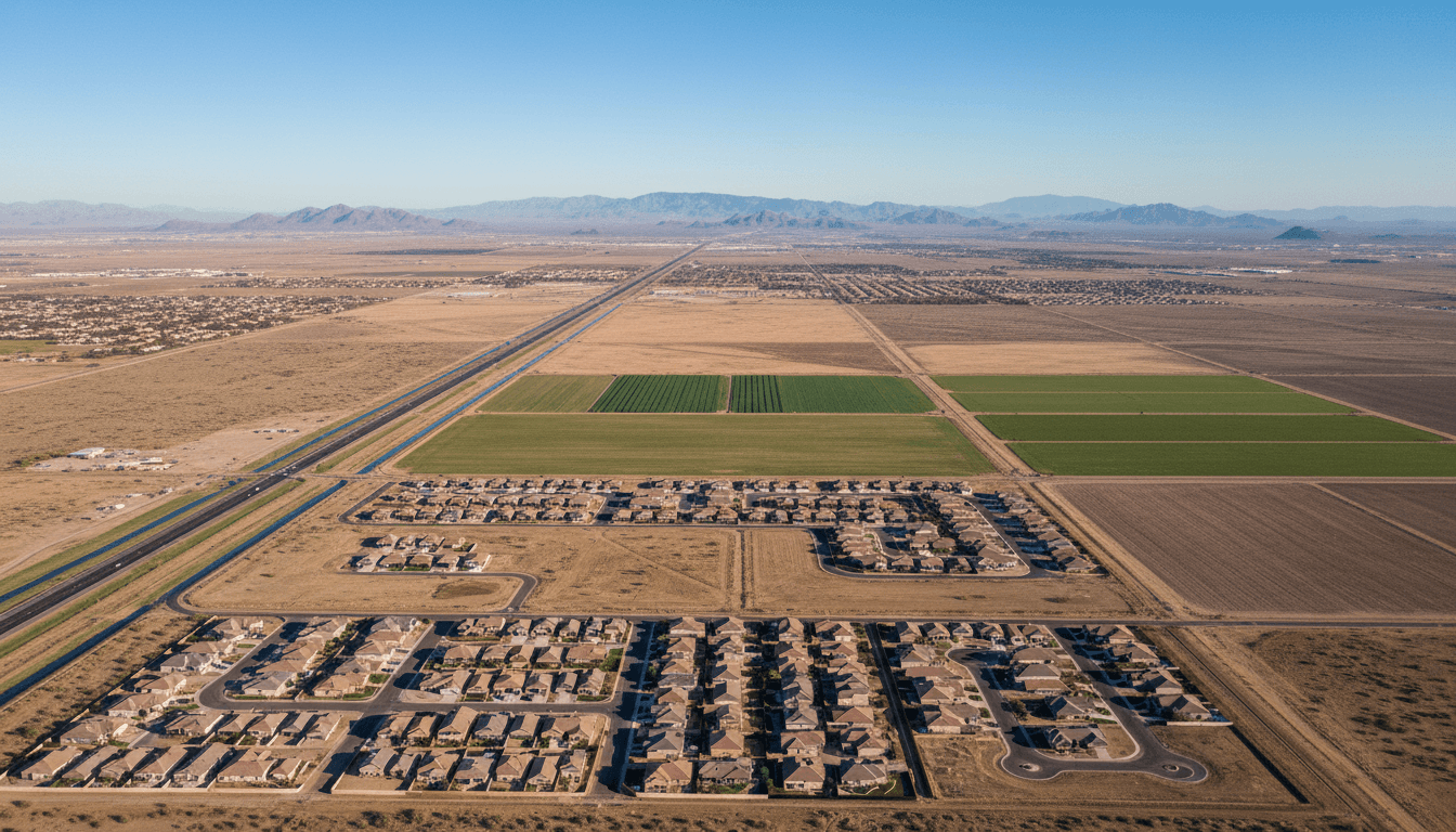 Aerial view of Maricopa, Arizona showing residential neighborhoods and surrounding desert.