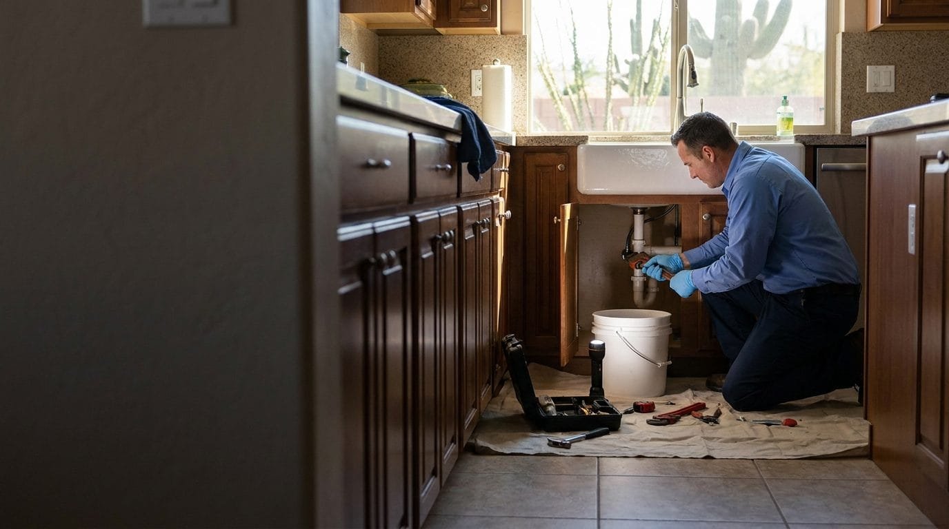 Plumber working under a kitchen sink after routine plumbing maintenance found a problem