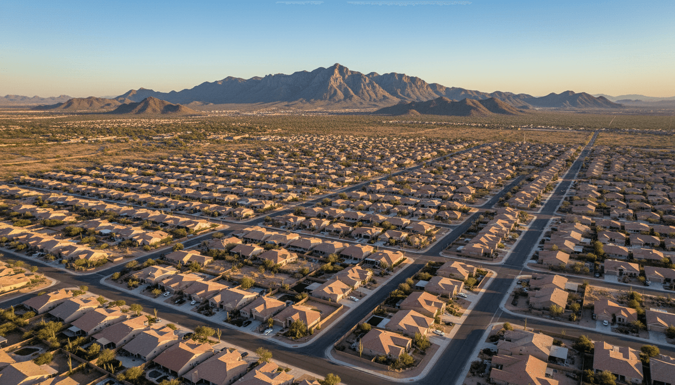Aerial view of San Tan Valley, Arizona showing residential neighborhoods and surrounding desert.