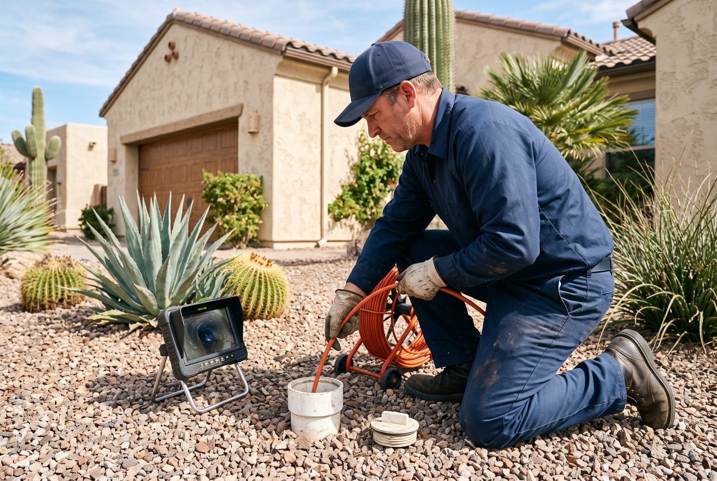 Regular sewer camera inspection at an Arizona home to catch pipe problems early