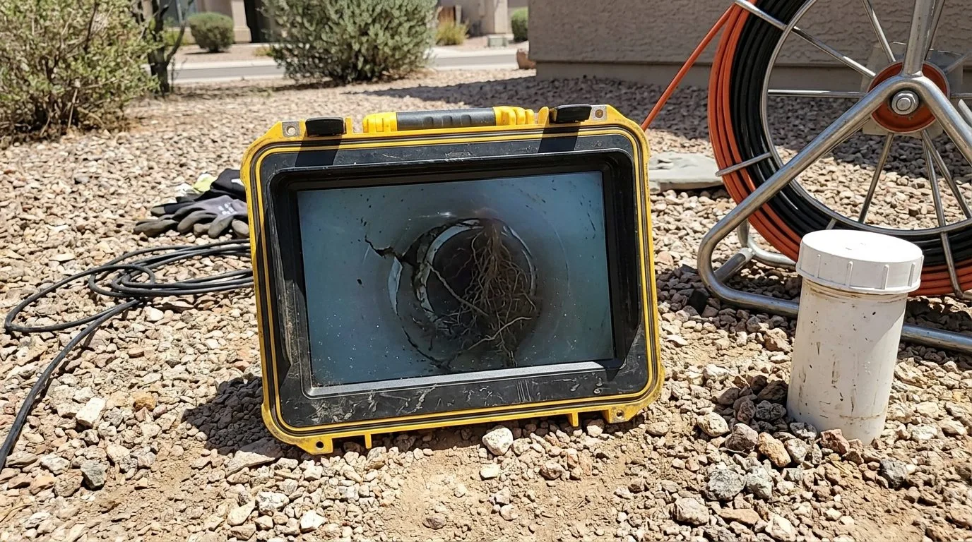 Sewer inspection monitor showing tree roots pushing through a cracked sewer pipe joint
