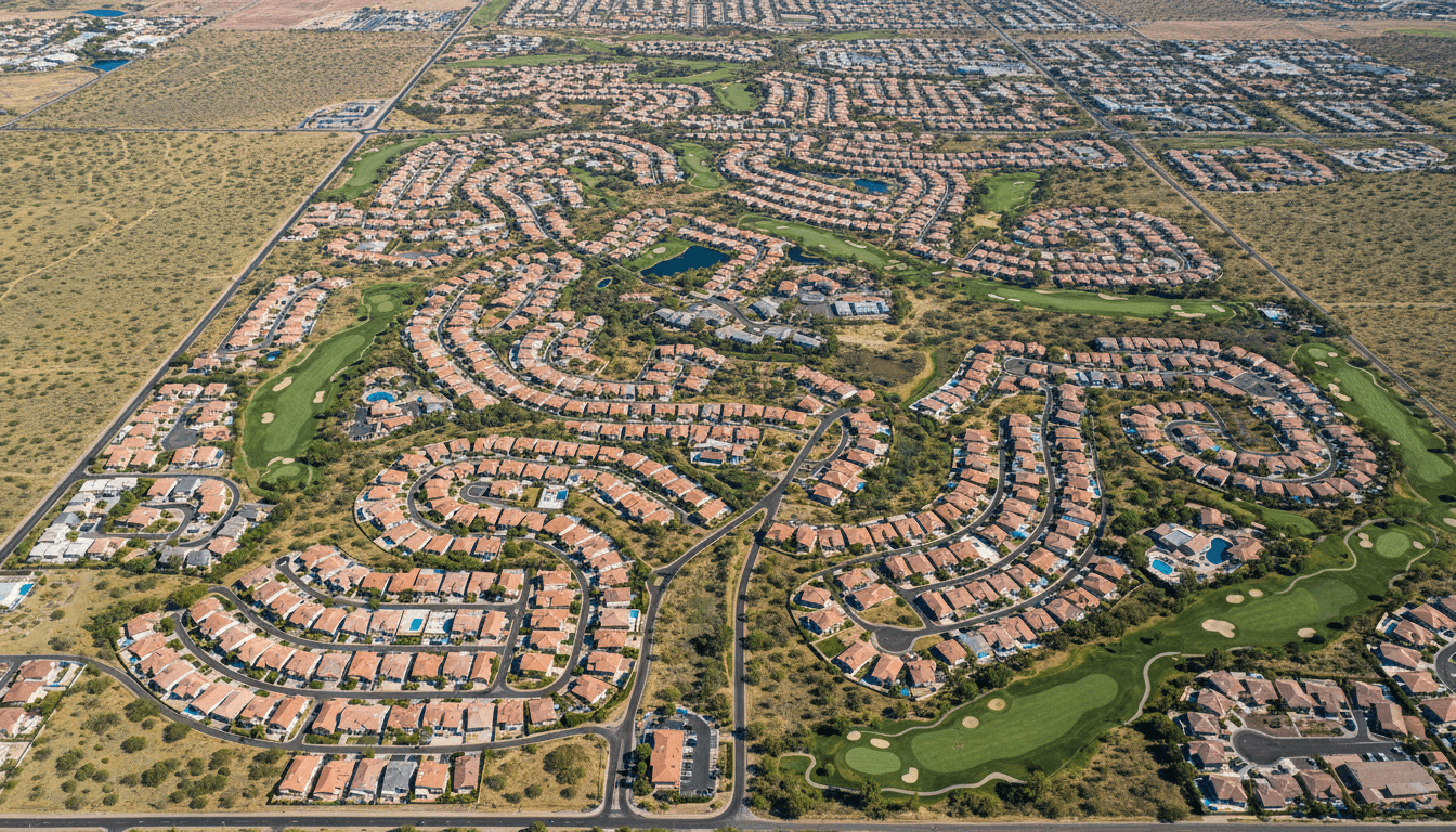 Aerial view of Sun City West, Arizona showing residential neighborhoods and surrounding desert.