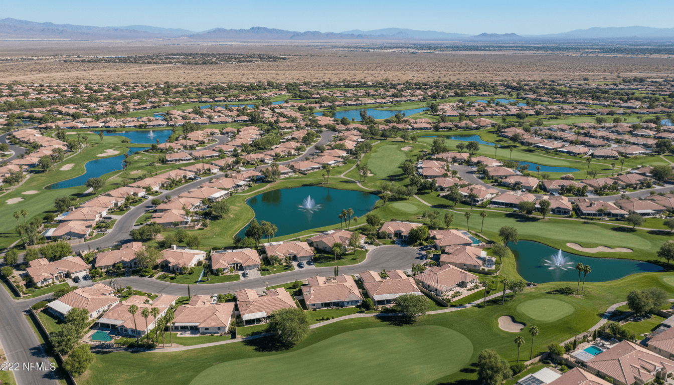Aerial view of Sun Lakes, Arizona showing residential neighborhoods and surrounding desert.