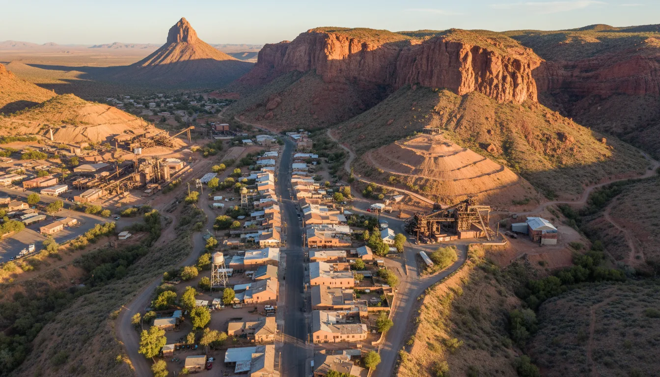 Aerial view of Superior, Arizona showing residential neighborhoods and surrounding desert.