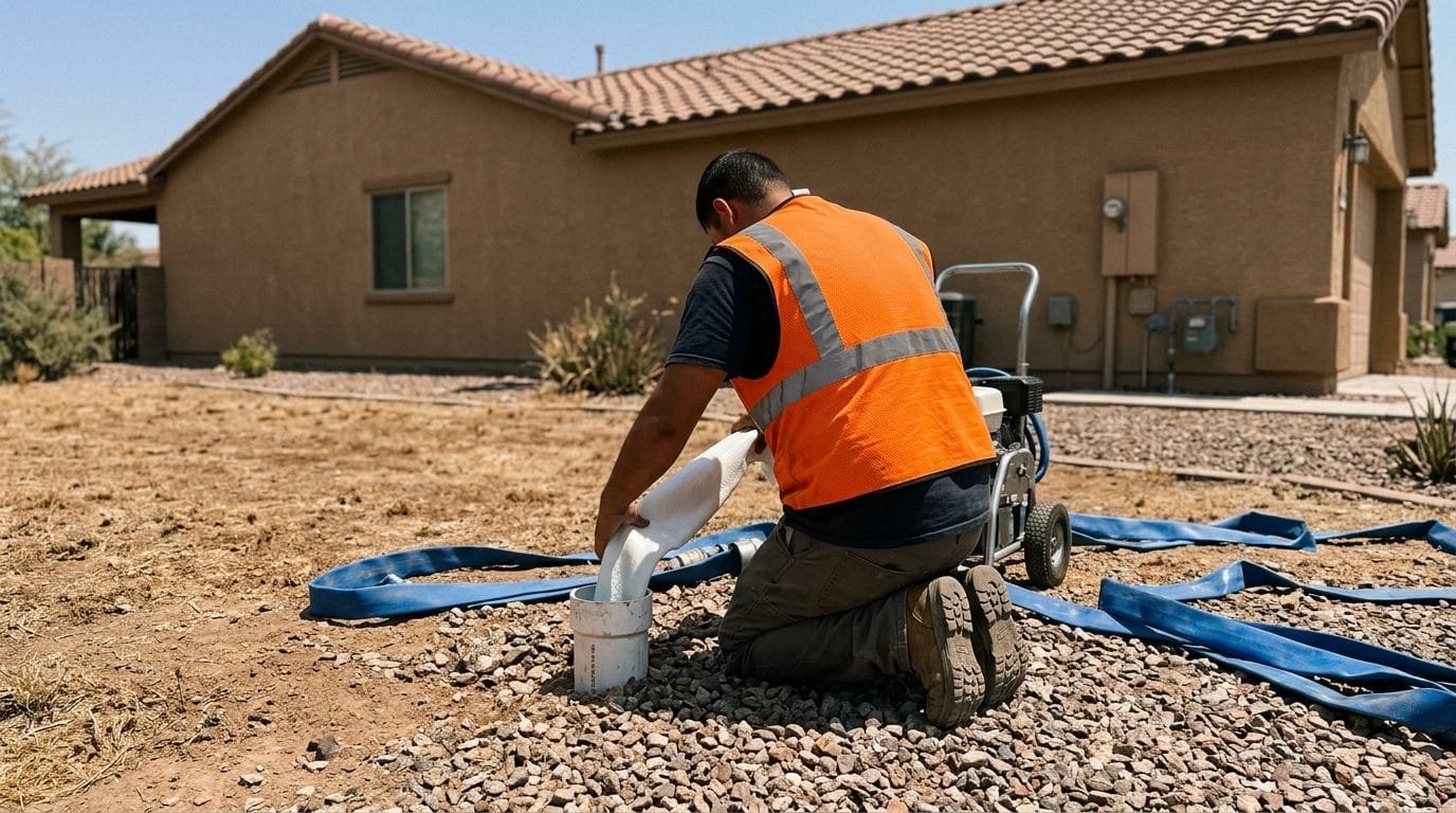 Technician feeding a resin liner into a sewer cleanout during a trenchless repair