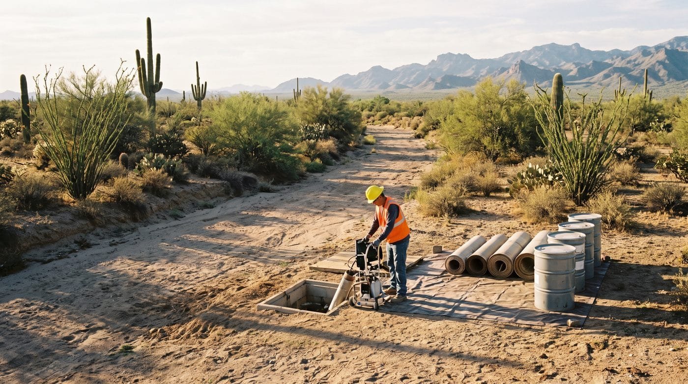 ePIPE epoxy lining equipment set up at an Arizona home with the ground left intact
