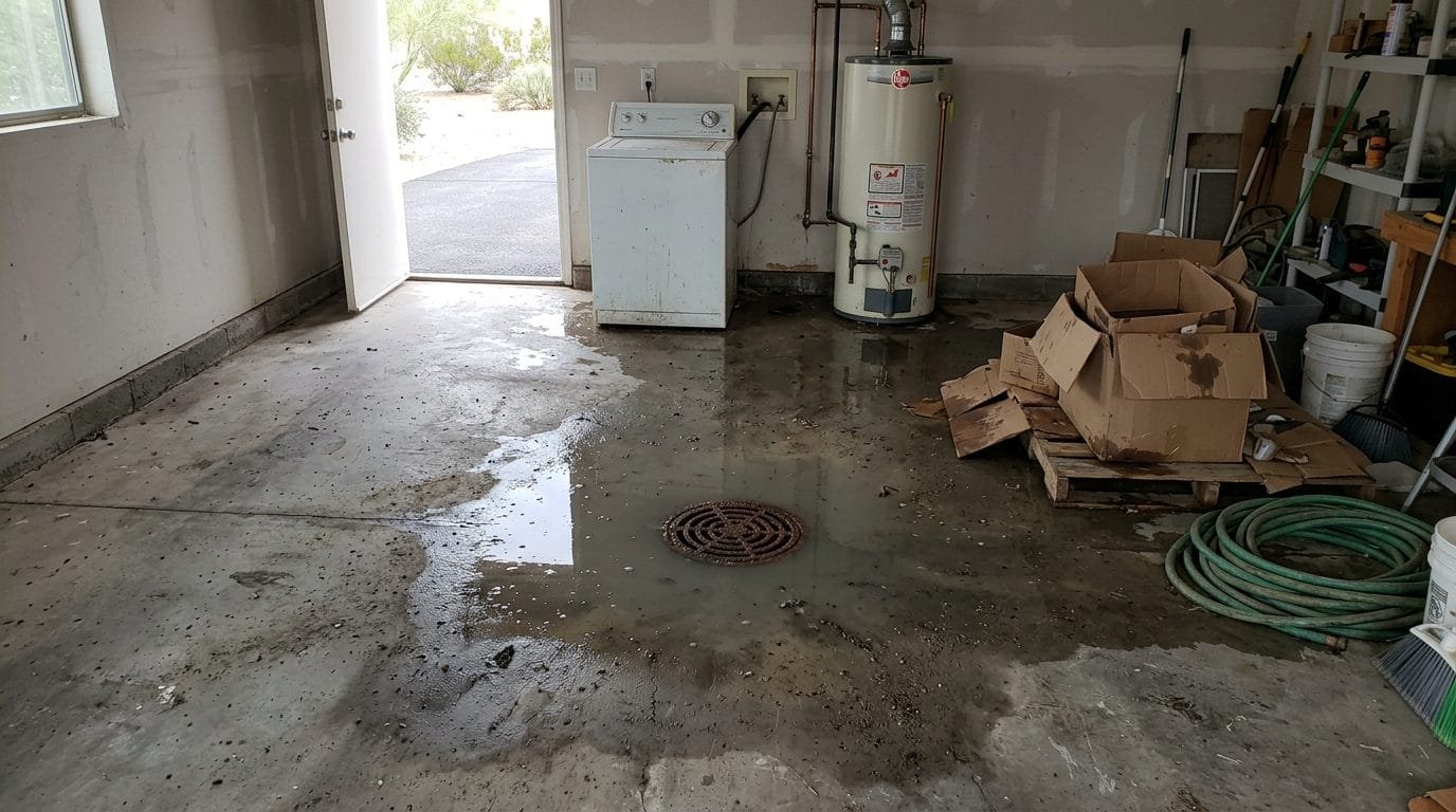 Water spread across a floor slab after an outdated drain line backed up