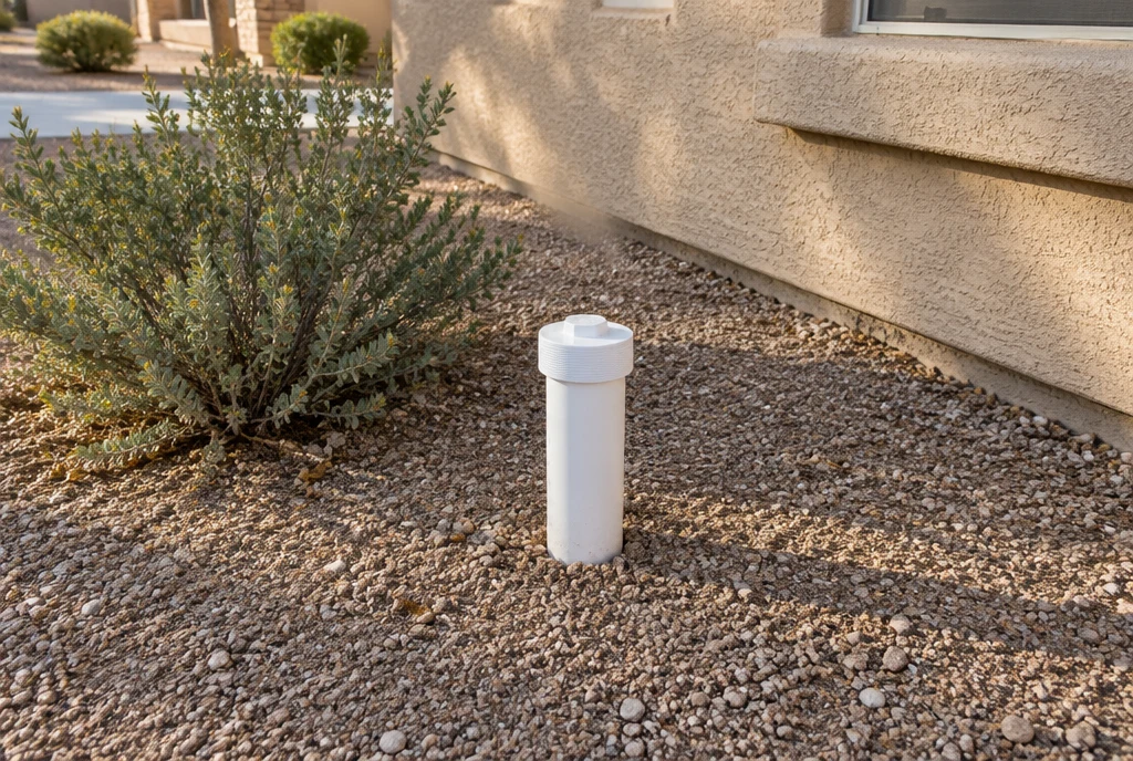 Sewer cleanout pipe standing straight up from the ground beside a Phoenix Valley home