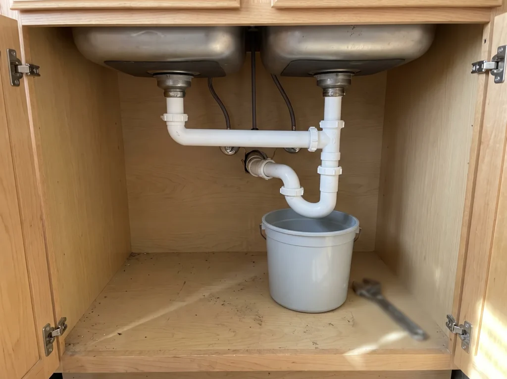 Two kitchen sink drains joining at a tee above one shared trap