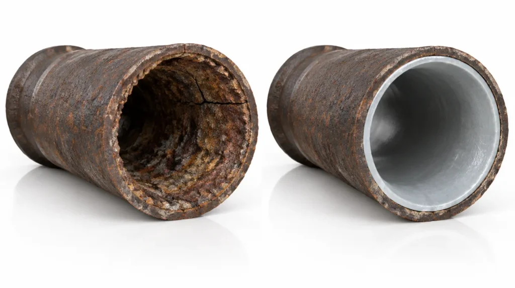 Old corroded sewer pipe beside the same pipe with a new seamless liner, Sacaton, AZ